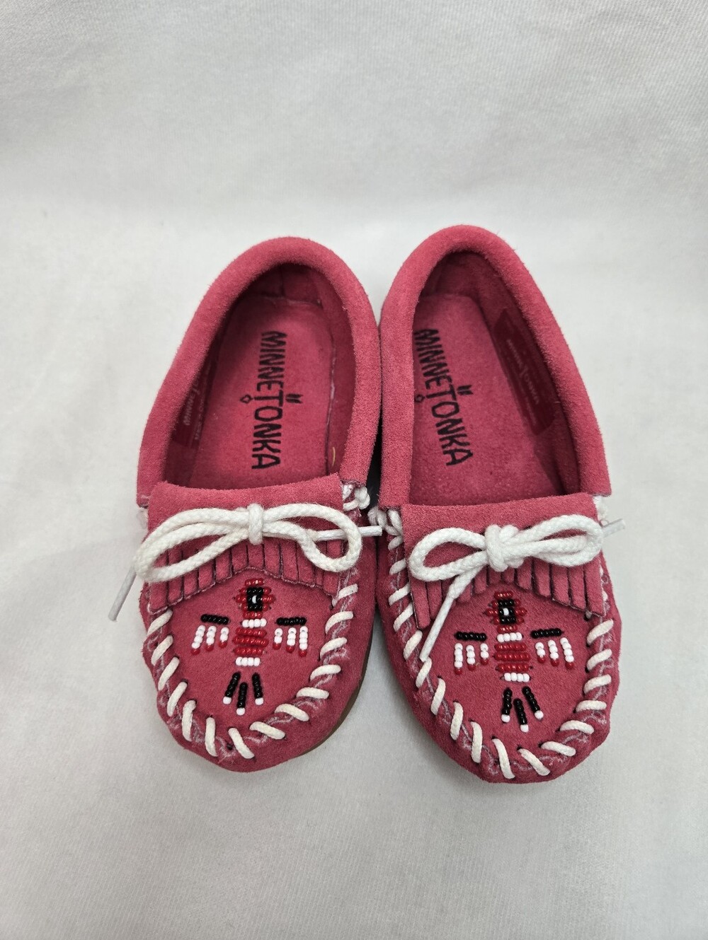 Minnetonka Thunderbird Beaded Moccasins Hot Pink Suede Leather Kids Size 8